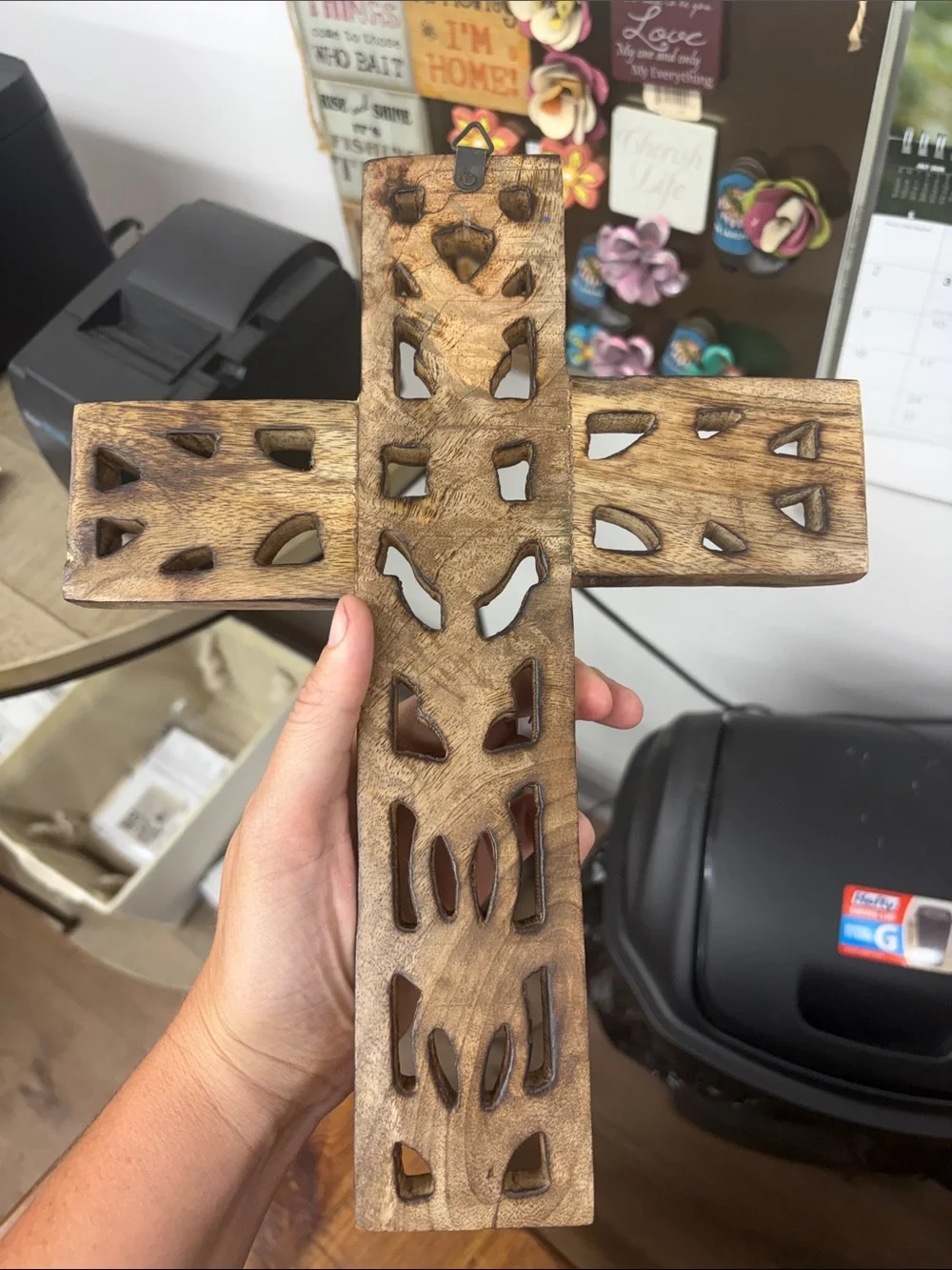 Hand-Carved Wooden Cross Wall Accent in Brown